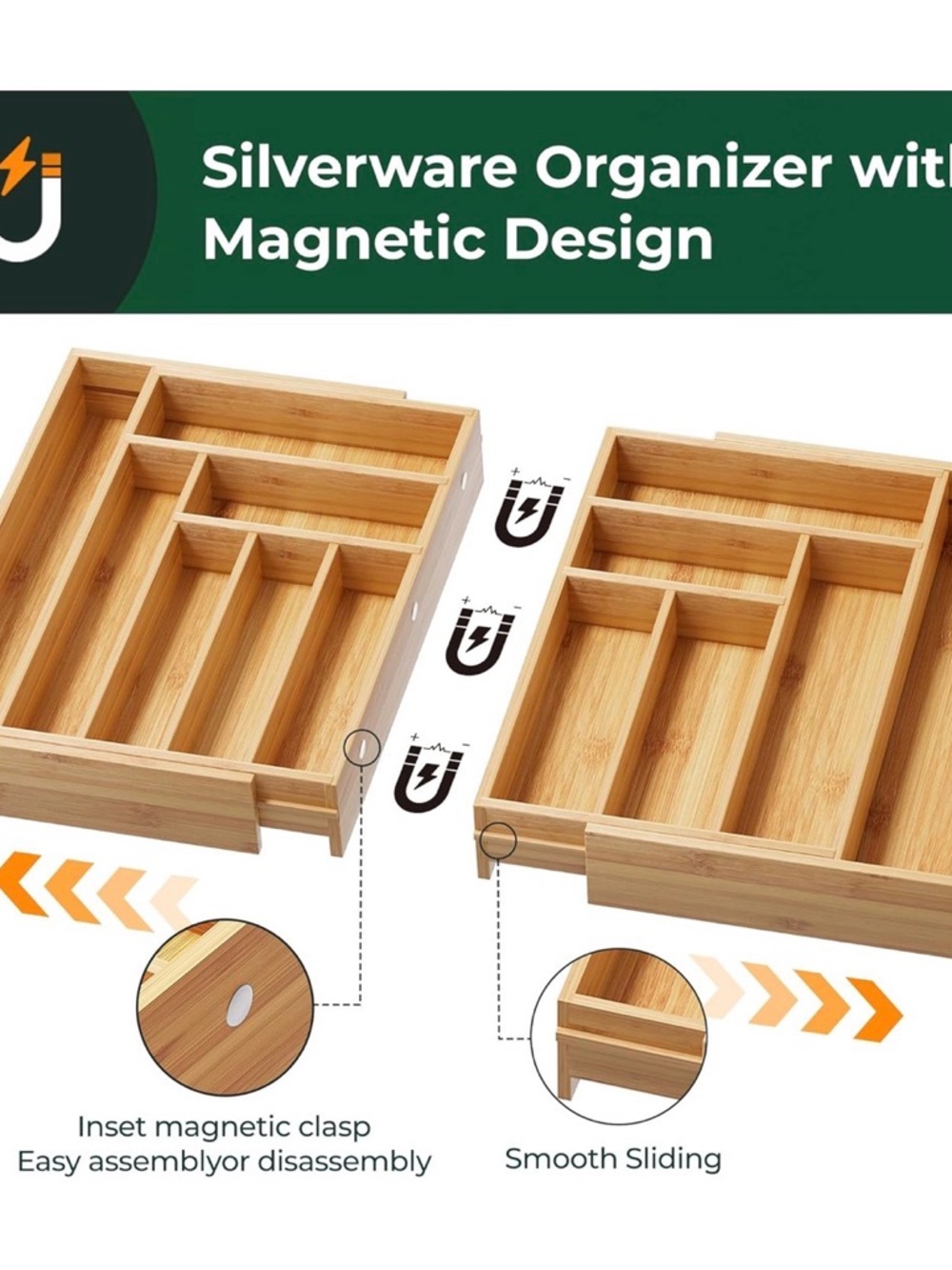 NWT Upassion Brand Bamboo Utensil Drawer Organizer Bamboo Magnetic Expandable - Picture 3 of 9